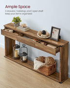VASAGLE 63" Console Table with 3 Drawers, Entryway Table, Bottom Shelf | Narrow Sofa Table Behind Couch, Metal Corners, for Living Room, Bedroom, Farmhouse Style, Honey Brown ULNT146KB01S