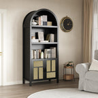 RoyalCraft Tall Arched Storage Cabinet with Rattan Door, 5-Tier Arched Kitchen Pantry with Adjustable Shelves, Black Bookshelf Bookcase Curio Display Cabinet Cupboard for Kitchen, Living Room