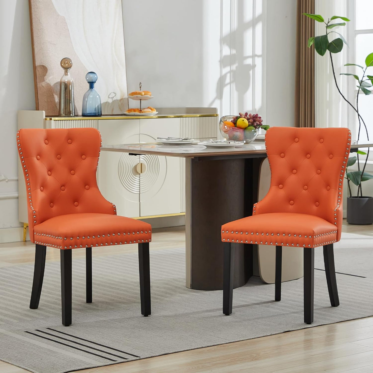 adochr PU Leather Dining Chairs Set of 2, Tufted Upholstered Dining Room Chair with Pull Ring and Solid Wood Legs, Orange