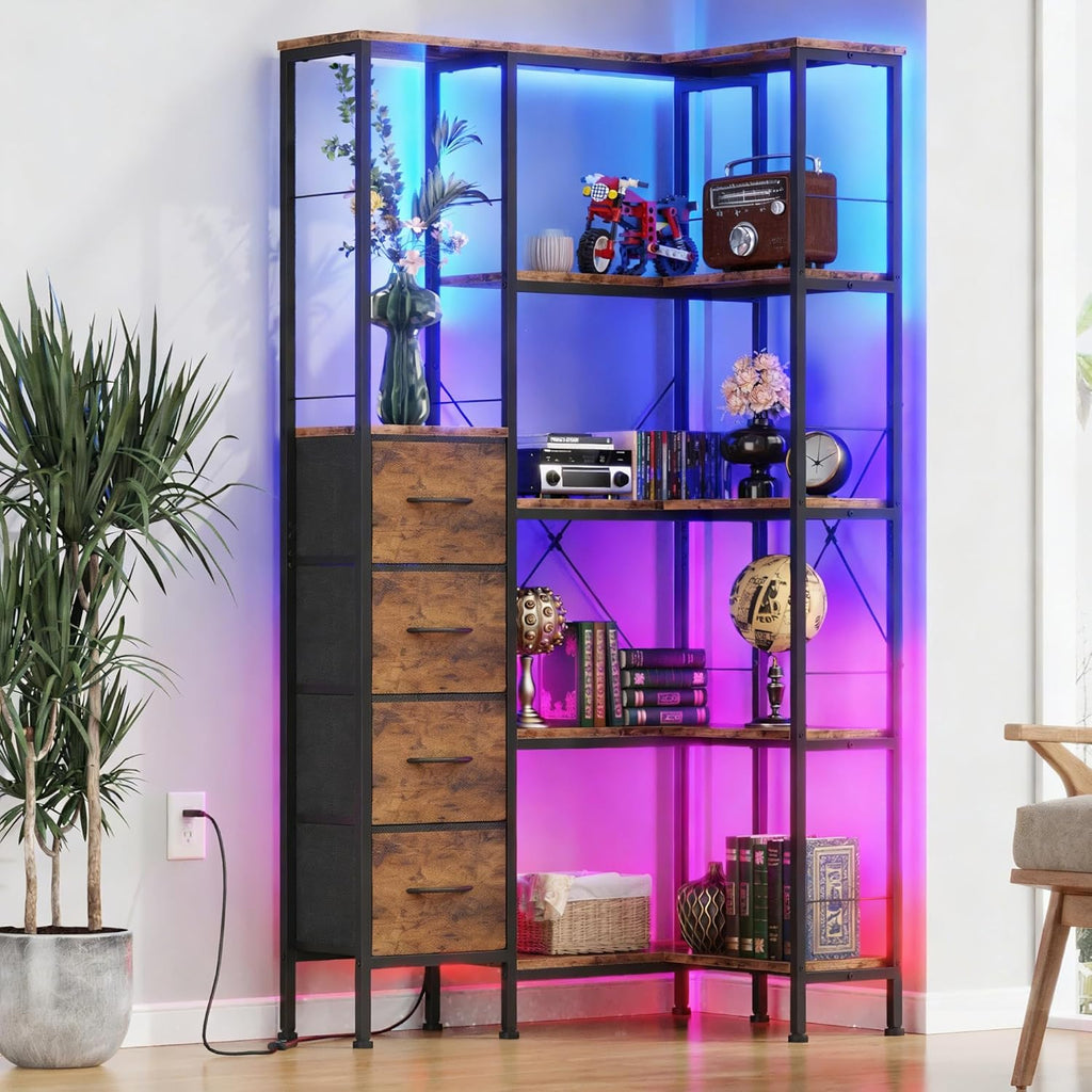 AFLUI 5-Tier Corner Bookshelf with LED Light Strips, 4 Fabric Drawers