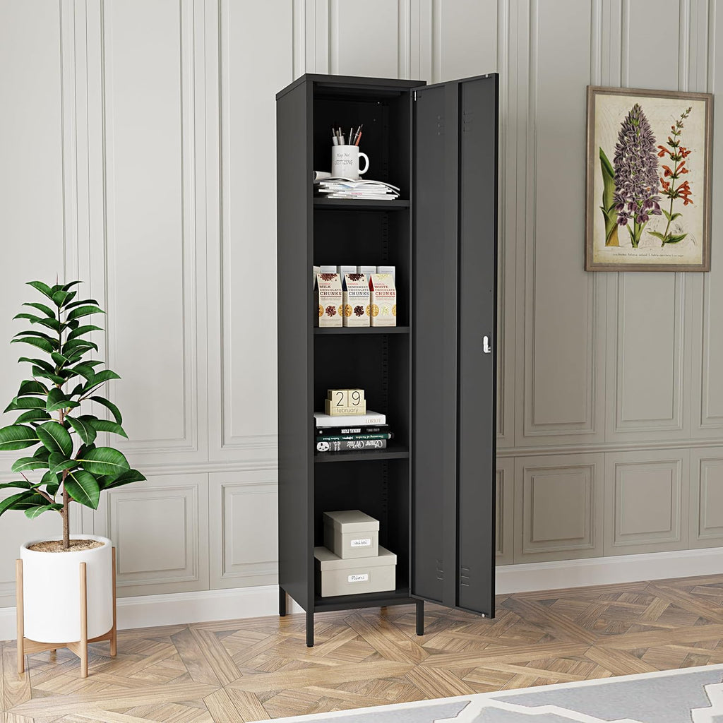Tall Single Door Metal Locker with Adjustable Shelves, Black Tall Metal Locker Storage Cabinet，Easy Assembly for Living Room （15.8”W x 15”D x 70.9”H ）