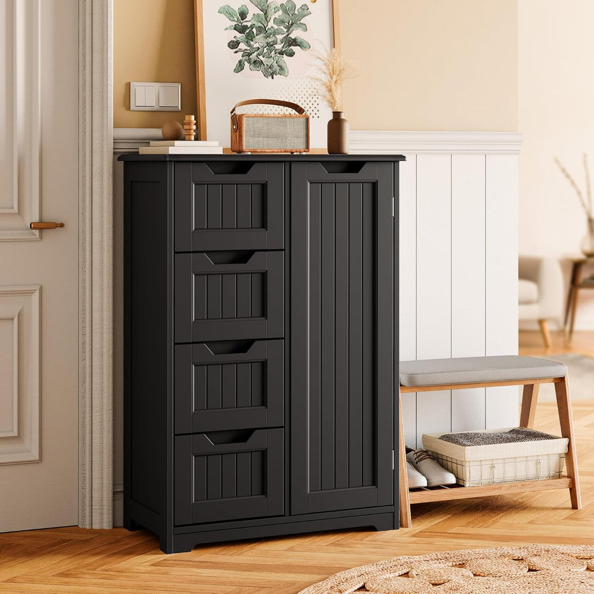 Gizoon Small Pantry Cabinet with Door and Shelves, 33'' Kitchen Pantry Cabinet Freestanding Wooden Bathroom Storage Cabinet with 4 Drawers for Kitchen and Dining Room, Black, Painted