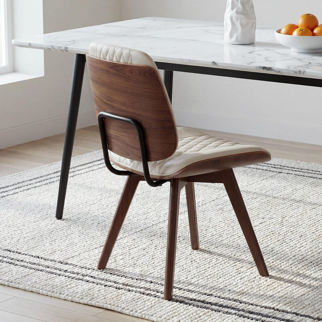 BV Dining Chairs Set of 2, PU Leather Armless Kitchen Chair in Modern Walnut Style, Mid Century Bentwood Side Chair with Wood Legs, Retro Accent Guest Chair for Kitchen Dining Room(Beige)
