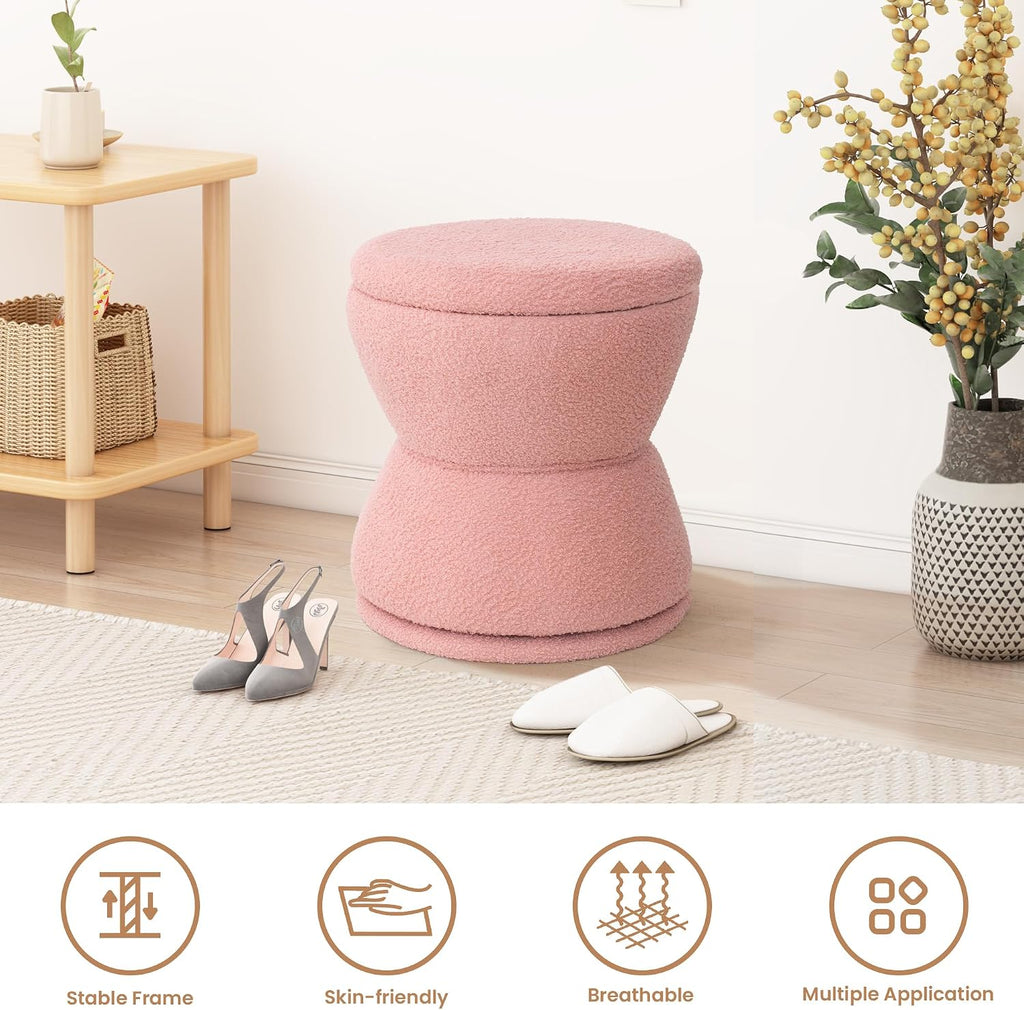 EazeHome Round Ottoman with Storage, 360° Swivel Boucle Ottoman Vanity Stool, Upholstered Footstool with Storage Removable Lid, Modern Footrest Coffee Table for Living Room, Dorm, Makeup Room, Pink