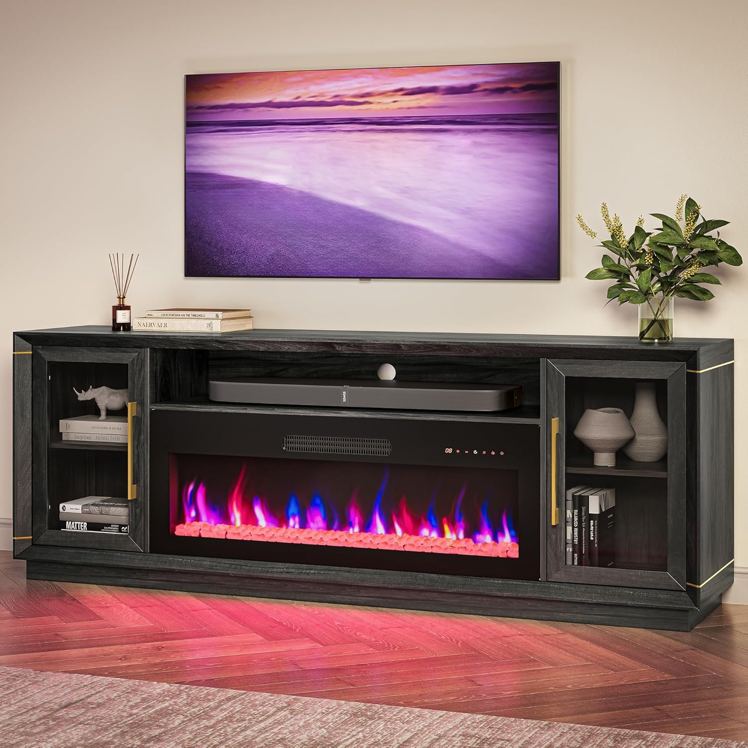 BELLEZE 74" Extra Large TV Stand for TVs Up to 85", Media Console Table with 42" Electric Fireplace Heater, Entertainment Center with Storage Cabinets for Living Room - Black Ebony
