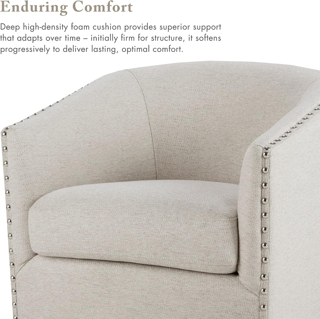 Madison Park Swivel Barrel Accent Chair, Upholstered Curved Back with 7-Inch Thick Woven Cushion, 360° Swivel, Nailhead Trim, Comfy Chair for Living Room, Bedroom, Office, 28" Wide, Neutral, Tyler