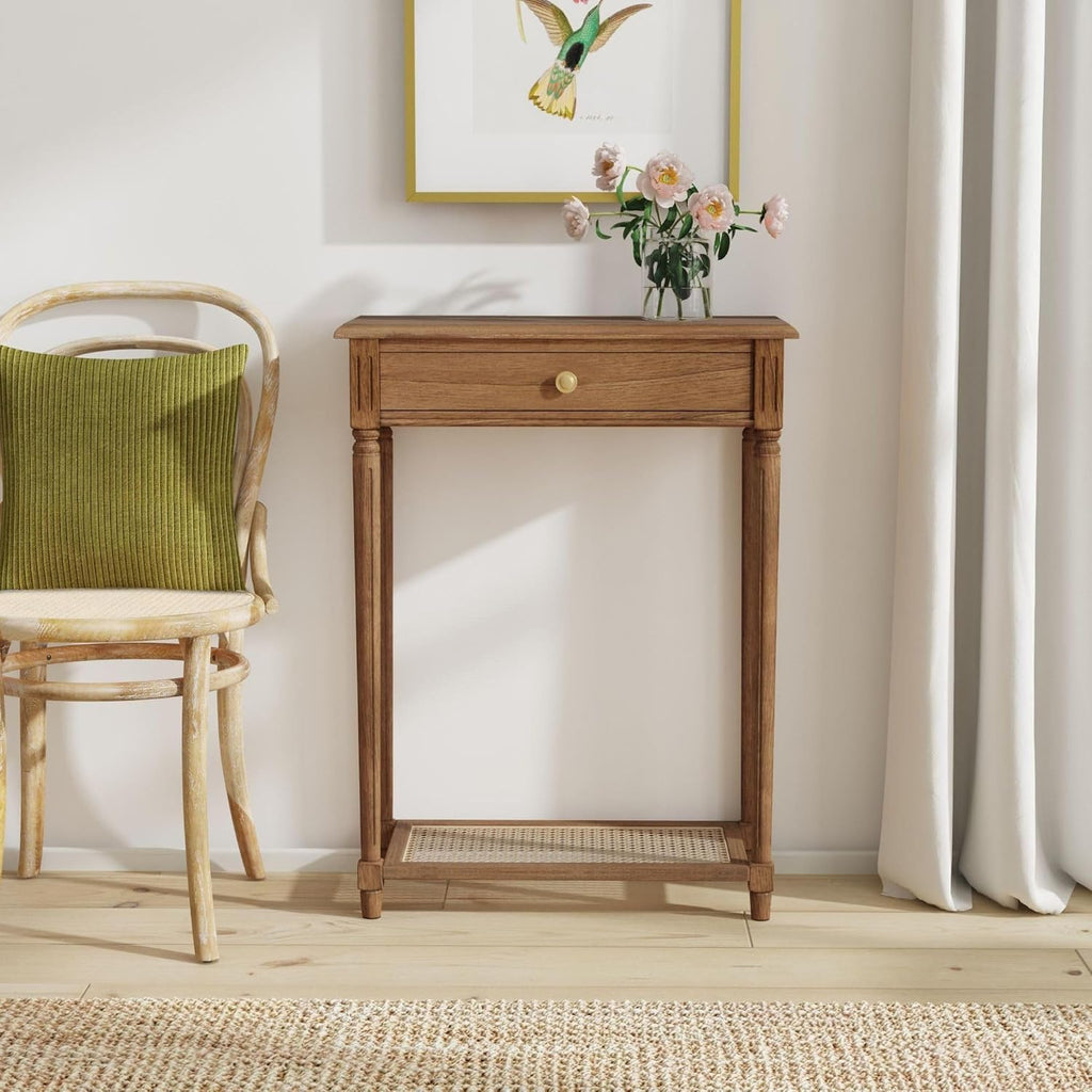East at Main Lenora Console Table – 23.75” Narrow Entryway Table with Storage & Cane Shelf – Solid Wood Accent Table for Hallways, Foyers, and Small Spaces – French Country & Traditional Style