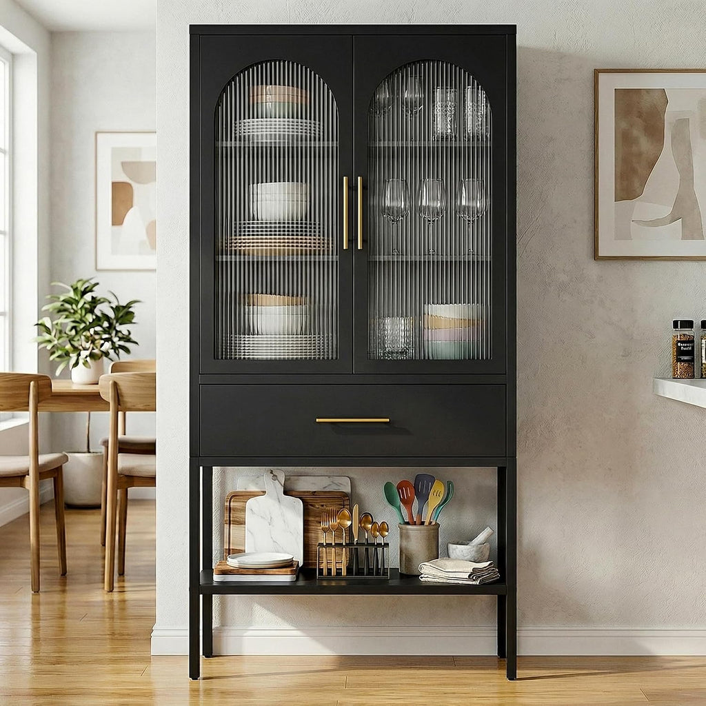 63" Tall Metal Storage Cabinet with Glass Doors, Kitchen Pantry Cabinet with Drawers & Adjustable Shelves, Freestanding Metal Cabinet for Kitchen, Dining Room and Home Organization Black