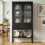 63" Tall Metal Storage Cabinet with Glass Doors, Kitchen Pantry Cabinet with Drawers & Adjustable Shelves, Freestanding Metal Cabinet for Kitchen, Dining Room and Home Organization Black