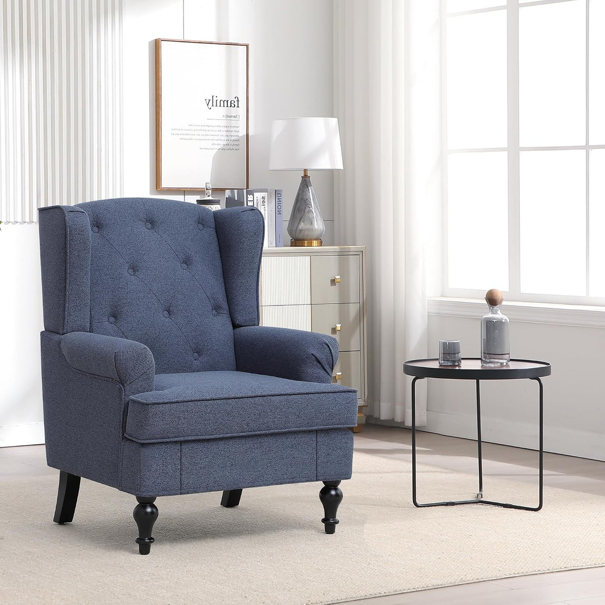 Accent Chair Set of 2, Mid Century Modern Fabric Wingback Chair, Upholstered Armchair with High Back and Vintage Legs, Comfy Single Sofa Side Reading Chair for Living Room Bedroom, Blue
