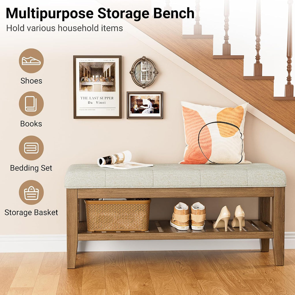 YaFiti End of Bed Storage Bench, 42.9" Entryway Shoe Bench with Solid Wood Shelf, Upholstered Ottoman with Padded Seat for Bedroom, Hallway and Living Room, Beige