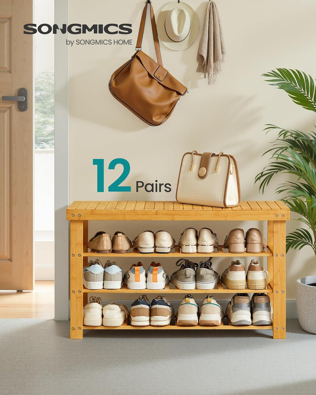 SONGMICS Shoe Rack Bench, 4 Tier Bamboo Shoe Storage Organizer, Entryway Bench, for Living Room, Bathroom, Bedroom, 11.3 x 35.2 x 20.5 Inches, Light Bamboo ULBS390YL01