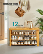 SONGMICS Shoe Rack Bench, 4 Tier Bamboo Shoe Storage Organizer, Entryway Bench, for Living Room, Bathroom, Bedroom, 11.3 x 35.2 x 20.5 Inches, Light Bamboo ULBS390YL01