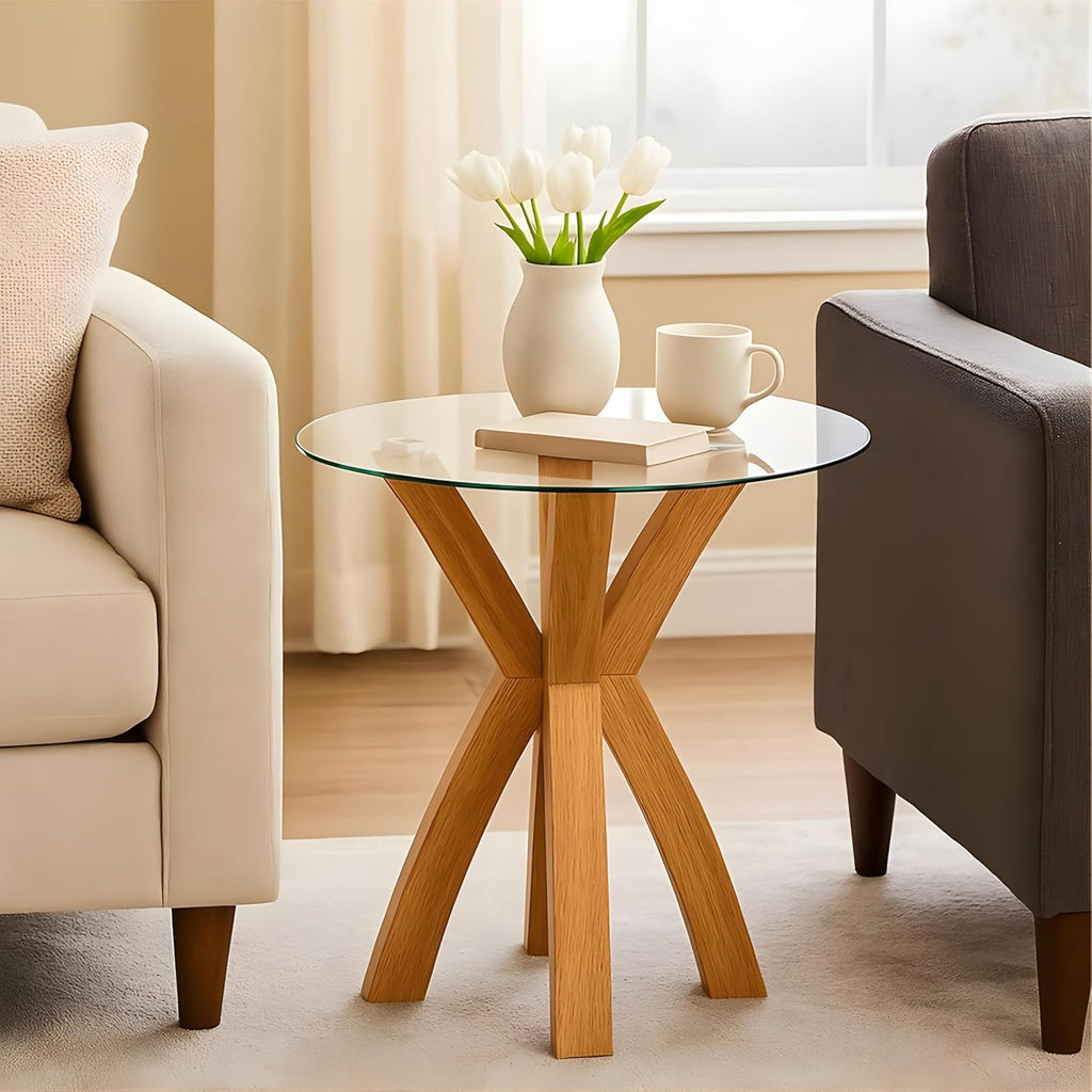 Round Glass End Table, Small Sofa Side Table for Living Room, Bedroom. Stylish Wood Legs with 20” Tempered Glass Top. Nature Oak