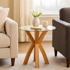Round Glass End Table, Small Sofa Side Table for Living Room, Bedroom. Stylish Wood Legs with 20” Tempered Glass Top. Nature Oak