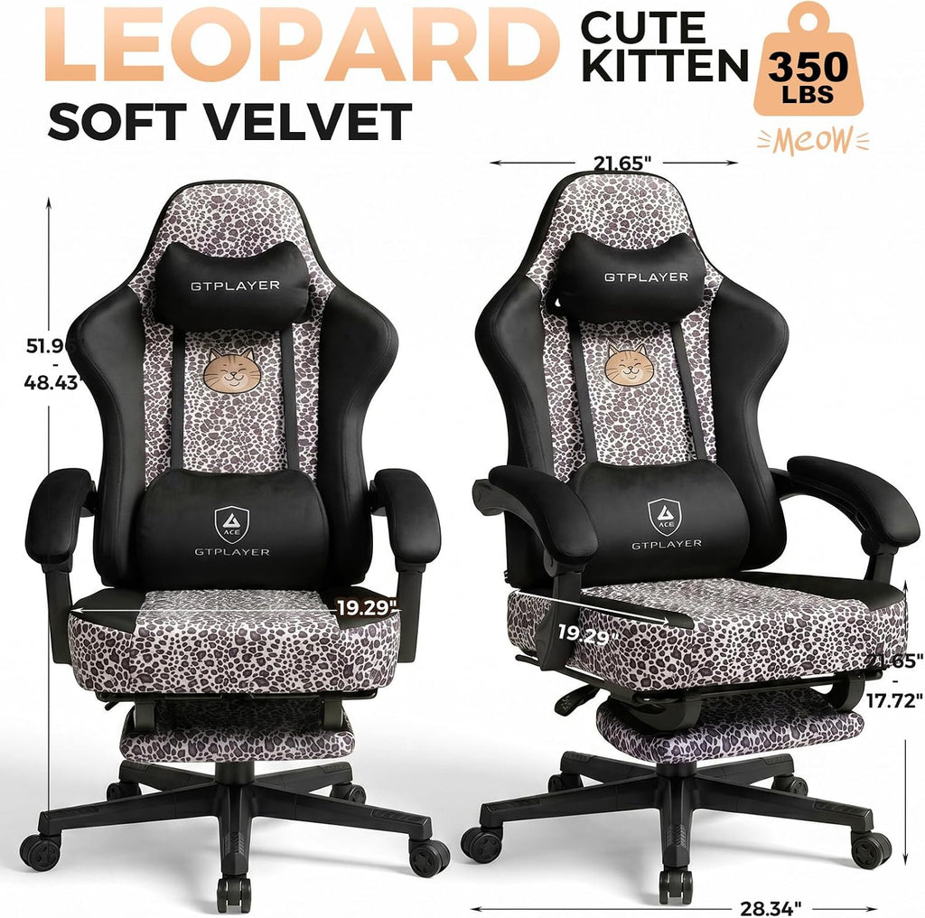 GTPLAYER Gaming Chair with Leopard Print Cat, Cute Velvet Fabric Ergonomic Office Chair with Footrest Headrest and Lumbar Support, Big and Tall Comfortable Video Gamer Chair for Women Gift