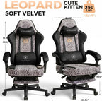GTPLAYER Gaming Chair with Leopard Print Cat, Cute Velvet Fabric Ergonomic Office Chair with Footrest Headrest and Lumbar Support, Big and Tall Comfortable Video Gamer Chair for Women Gift