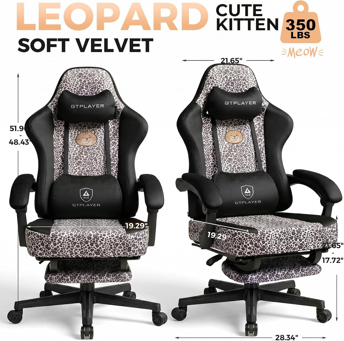 GTPLAYER Gaming Chair with Leopard Print Cat, Cute Velvet Fabric Ergonomic Office Chair with Footrest Headrest and Lumbar Support, Big and Tall Comfortable Video Gamer Chair for Women Gift