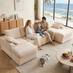 142" Upgraded Couch with Storage, Modular Sectional Couches for Living Room, Oversized Deep Seat 6-Seat U Shaped Cloud Sofa with Ottoman & Pillows,Corduroy,No Assembly(Beige)