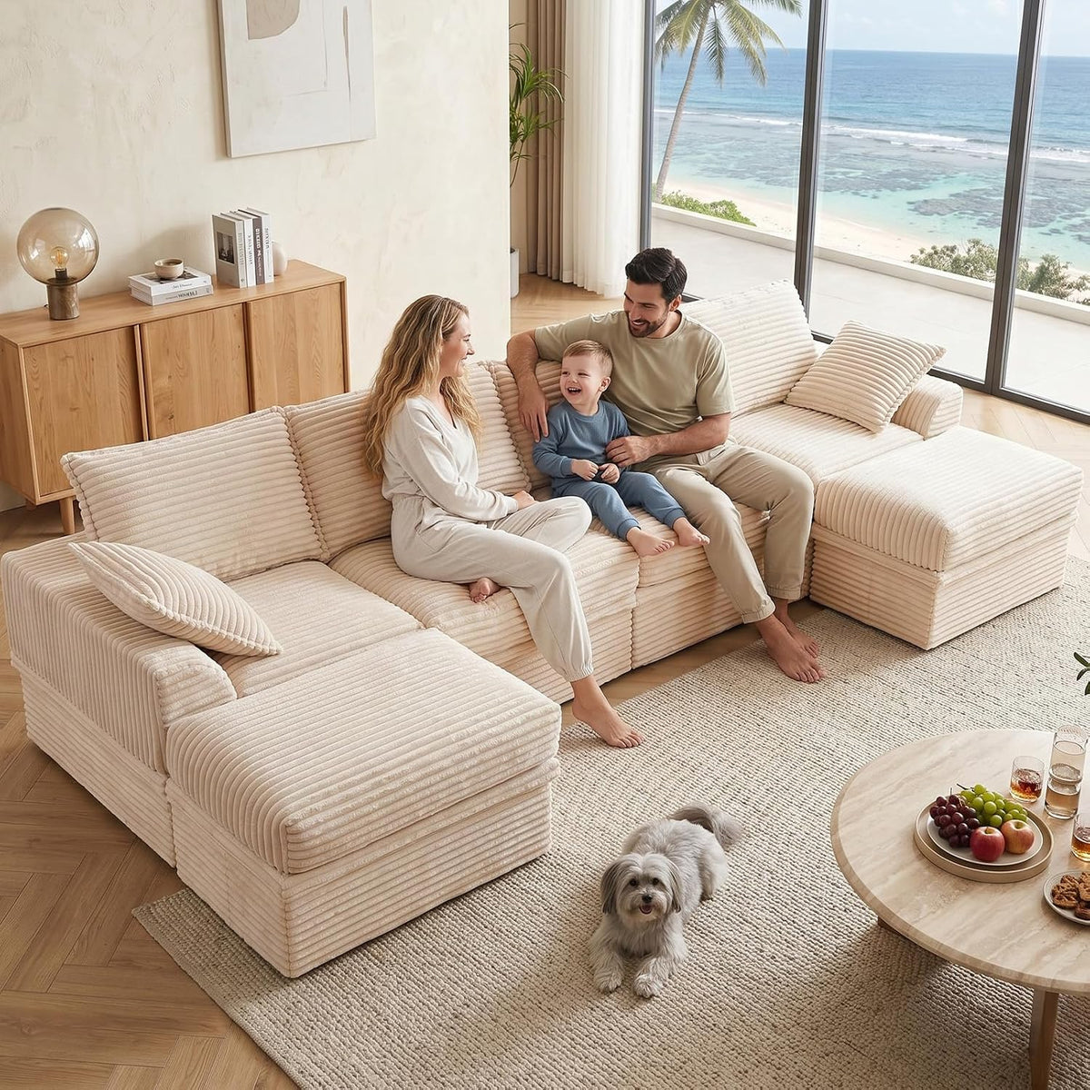 142" Upgraded Couch with Storage, Modular Sectional Couches for Living Room, Oversized Deep Seat 6-Seat U Shaped Cloud Sofa with Ottoman & Pillows,Corduroy,No Assembly(Beige)