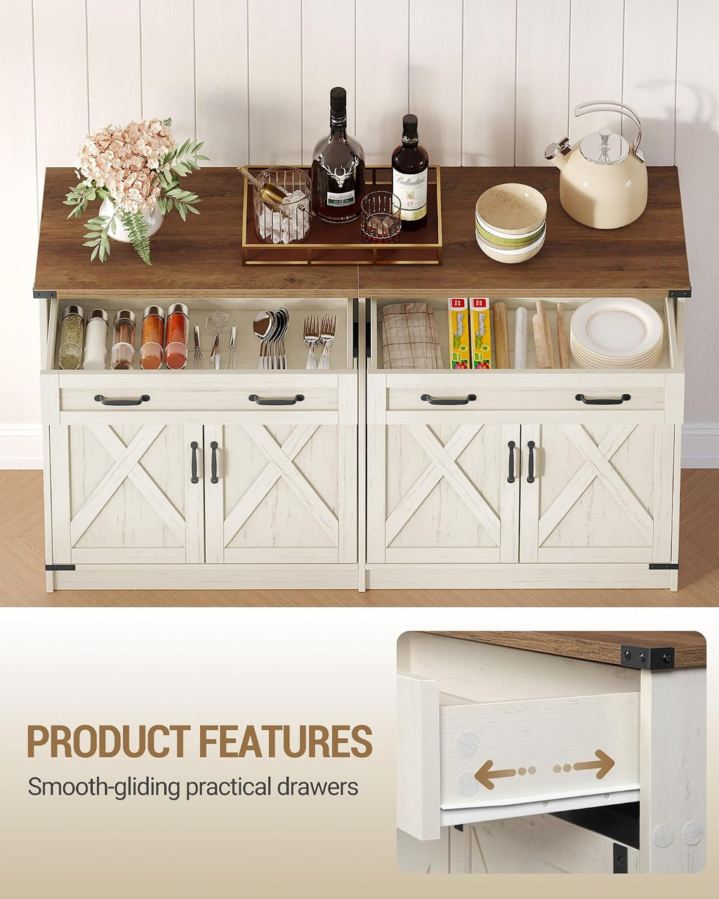 Hzuaneri Kitchen Storage Cabinet, Buffet Cabinet with Storage, Modern Farmhouse Sideboard Cabinets with Drawer, 55.1" Coffee Bar Cabinets with Doors & Adjustable Shelves, for Kitchen, White Brown