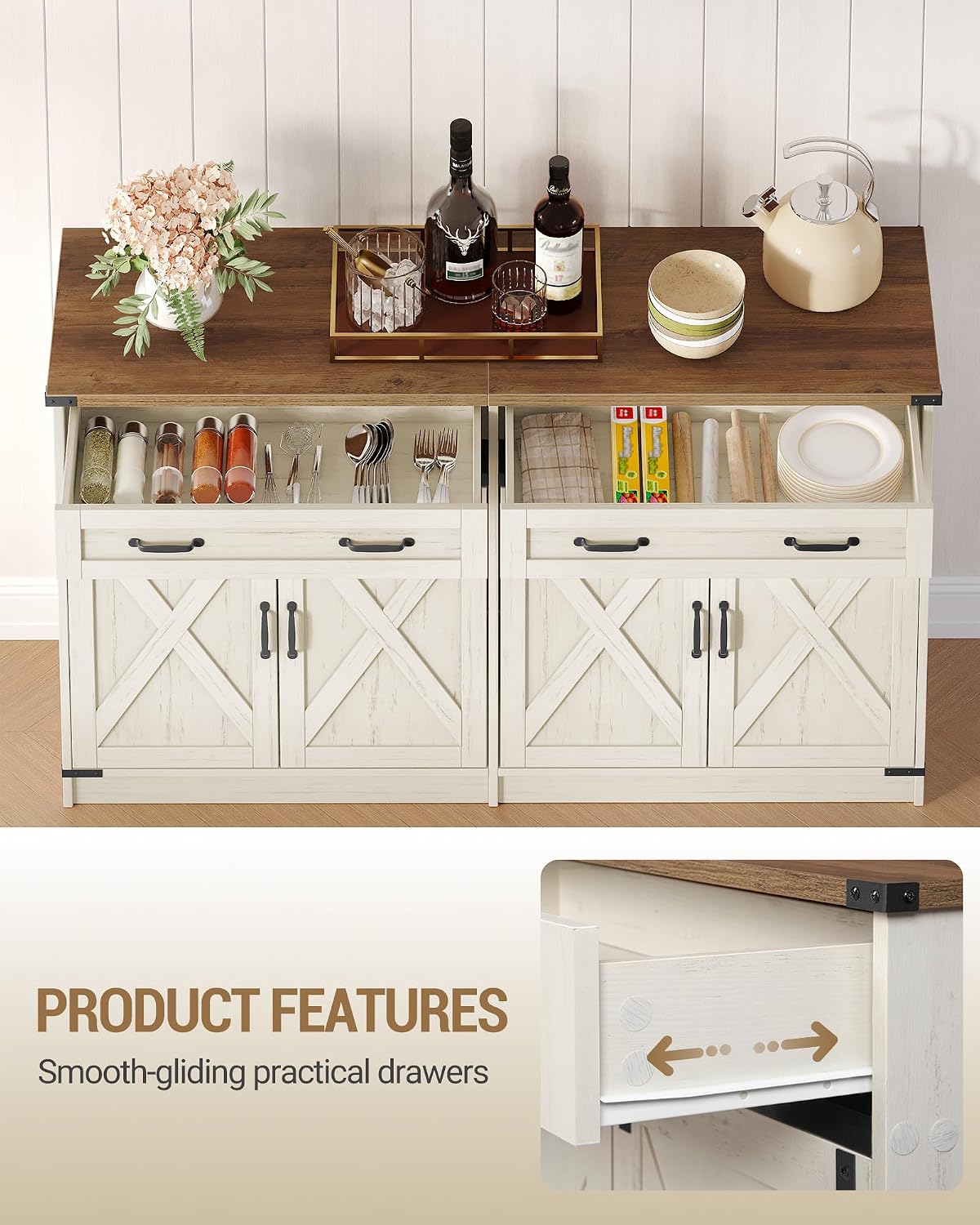 Hzuaneri Kitchen Storage Cabinet, Buffet Cabinet with Storage, Modern Farmhouse Sideboard Cabinets with Drawer, 55.1" Coffee Bar Cabinets with Doors & Adjustable Shelves, for Kitchen, White Brown