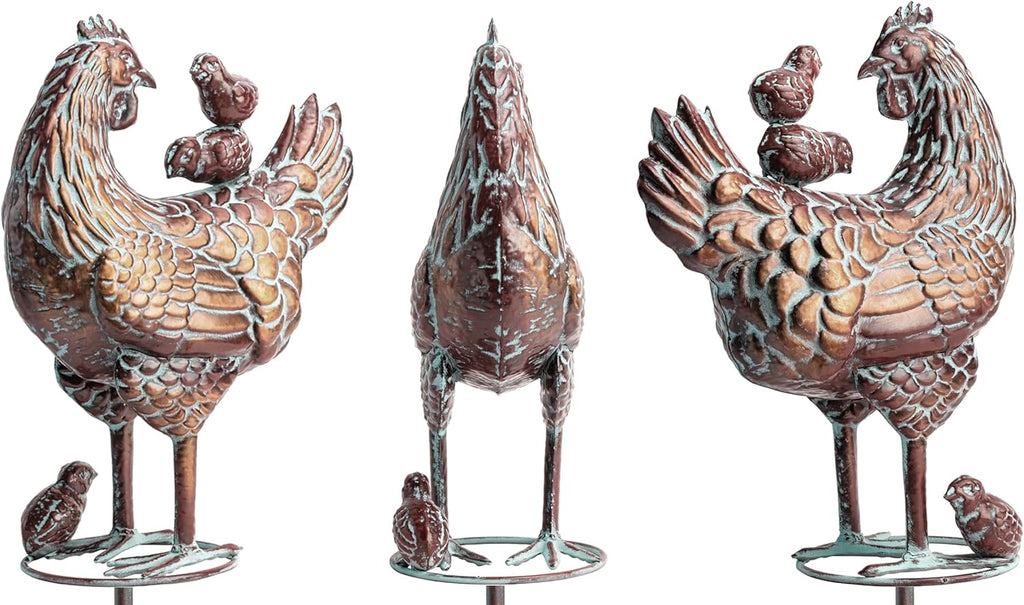 3D Large Metal Hen with Chicks Statue Wind Spinner,79" H Kinetic Garden Chicken Wind Sculpture,Mother Hen & Chicks Wind Vane,Metal Yard Art,Antique Copper Chicken Decorfor Outdoor Patio Lawn Yard