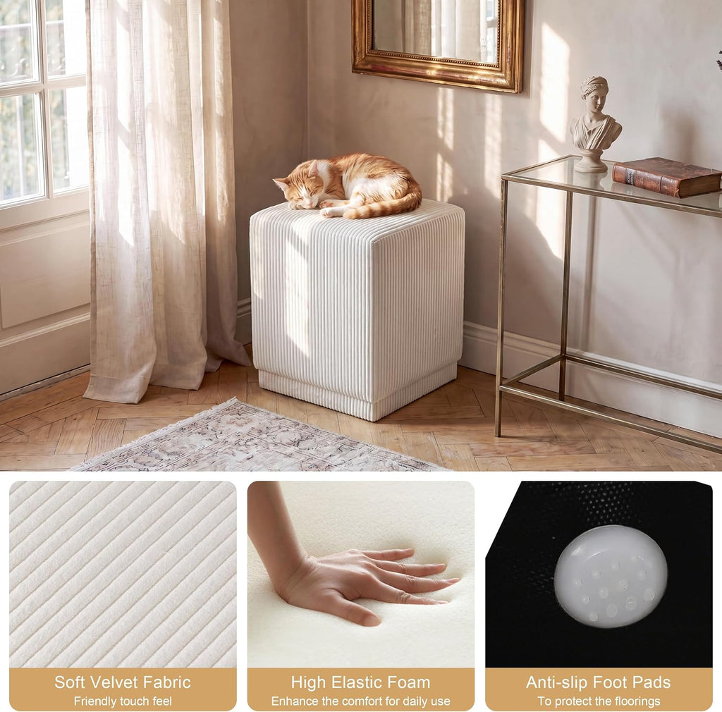 Homebeez Modern Square Ottoman, Vertical Channel Tufted Foot Stool Ottoman, Corduroy Velvet Upholstered Vanity Stool for Makeup, Bedroom, Living Room, Cream White