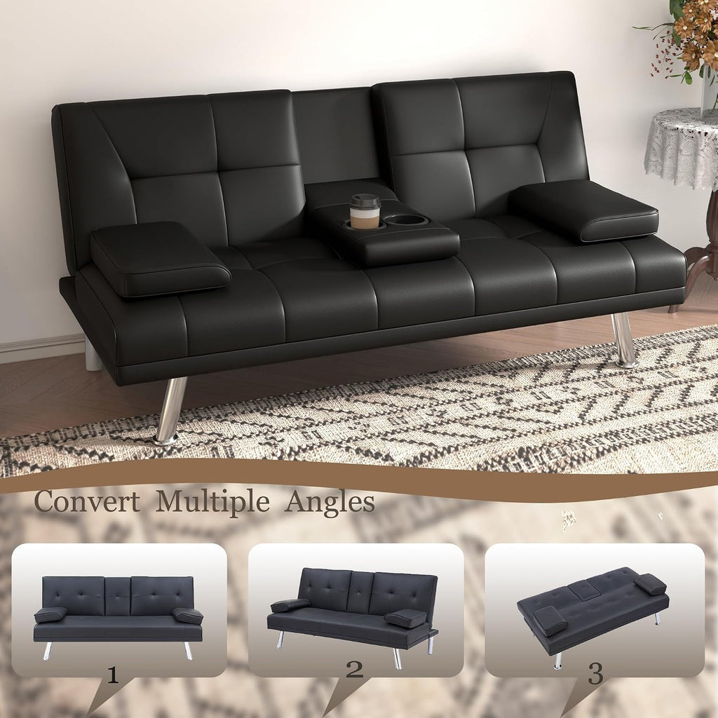 67"Modern Futon Sofa Bed,Convertible 3 in 1 Sleeper Bed Couches with Adjustable Backrest,Cup Holders,Comfy PU Leather Recliner Sofa Loveseat with Chrome Legs for Small Home Living Room (Black)
