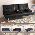 67"Modern Futon Sofa Bed,Convertible 3 in 1 Sleeper Bed Couches with Adjustable Backrest,Cup Holders,Comfy PU Leather Recliner Sofa Loveseat with Chrome Legs for Small Home Living Room (Black)