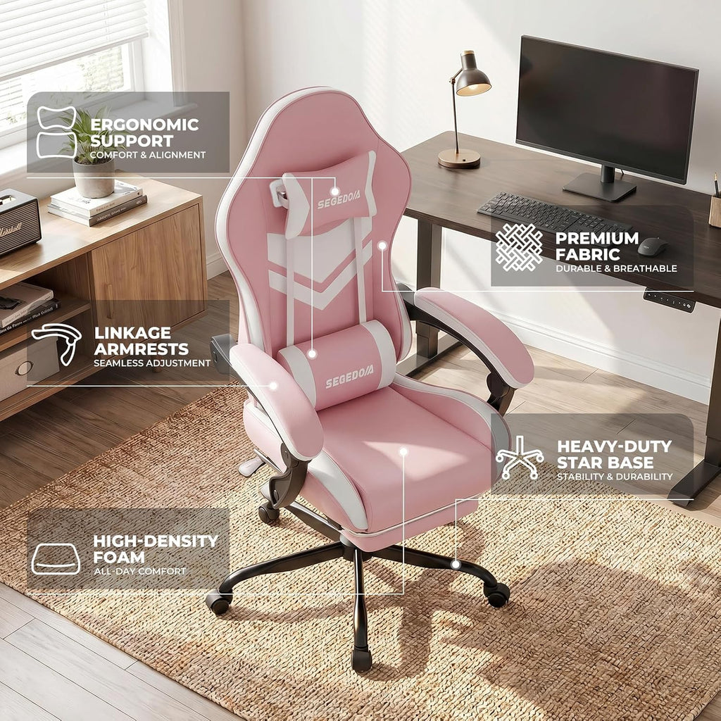 Gaming Chair with Footrest & Massage Lumbar Support, PU Leather Ergonomic High Back Swivel Height Adjustable Chair for Adults, Office Gaming, 300 lbs (Pink White)