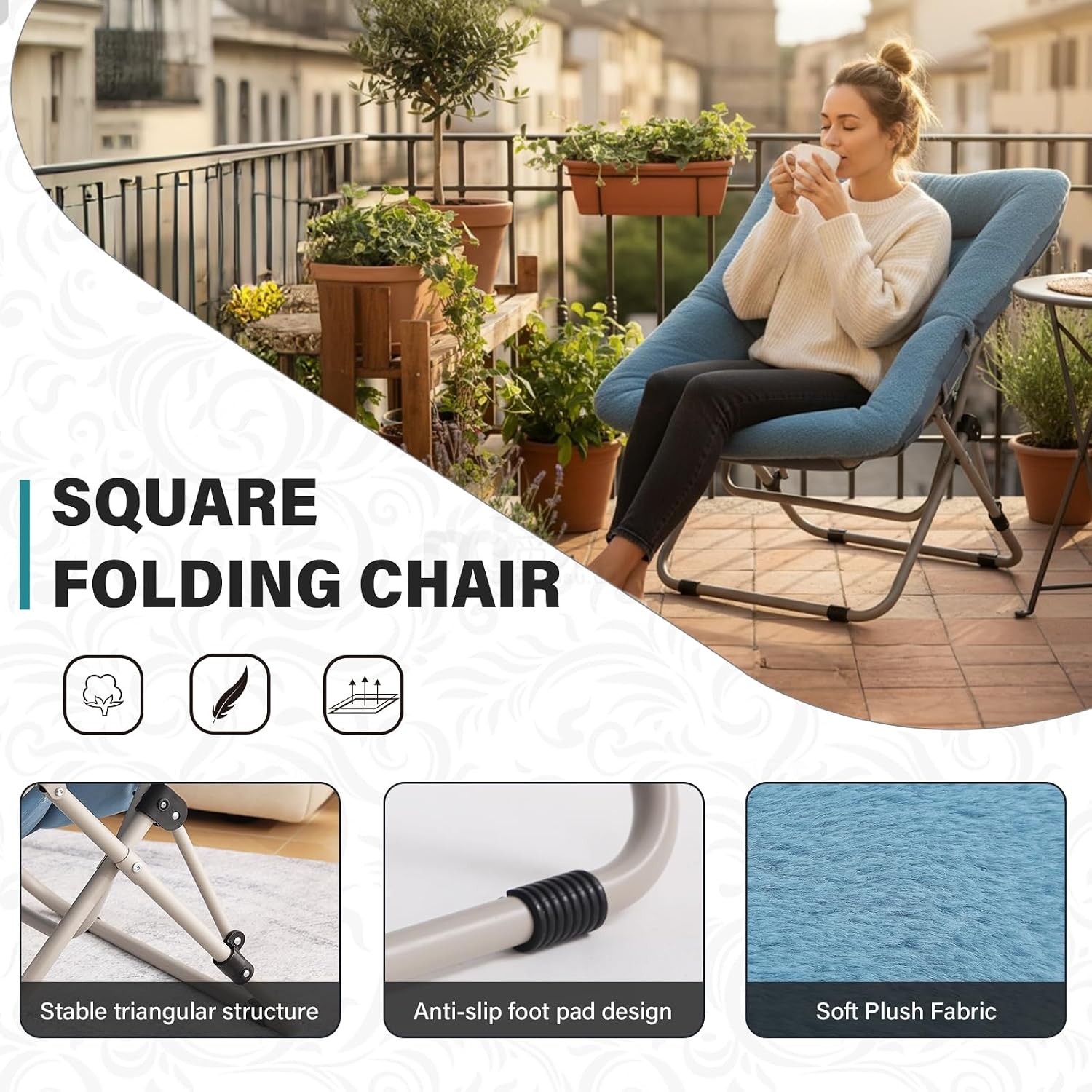 Tiita Comfy Saucer Chair, Soft Faux Fur Oversized Folding Accent Chair, Lazy Chair for Teens Adults, Metal Frame Moon Chair for Bedroom, Living Room, Dorm Rooms, X-Large, Blue