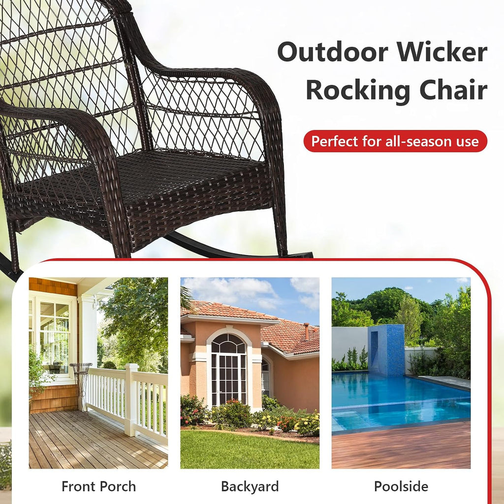 Tangkula Outdoor Wicker Rocking Chair, Patio Rattan Rocker with Seat Back Cushions & Waist Pillow, Sturdy Metal Frame, Mix Brown Outdoor Rocker for Balcony, Porch, Backyard