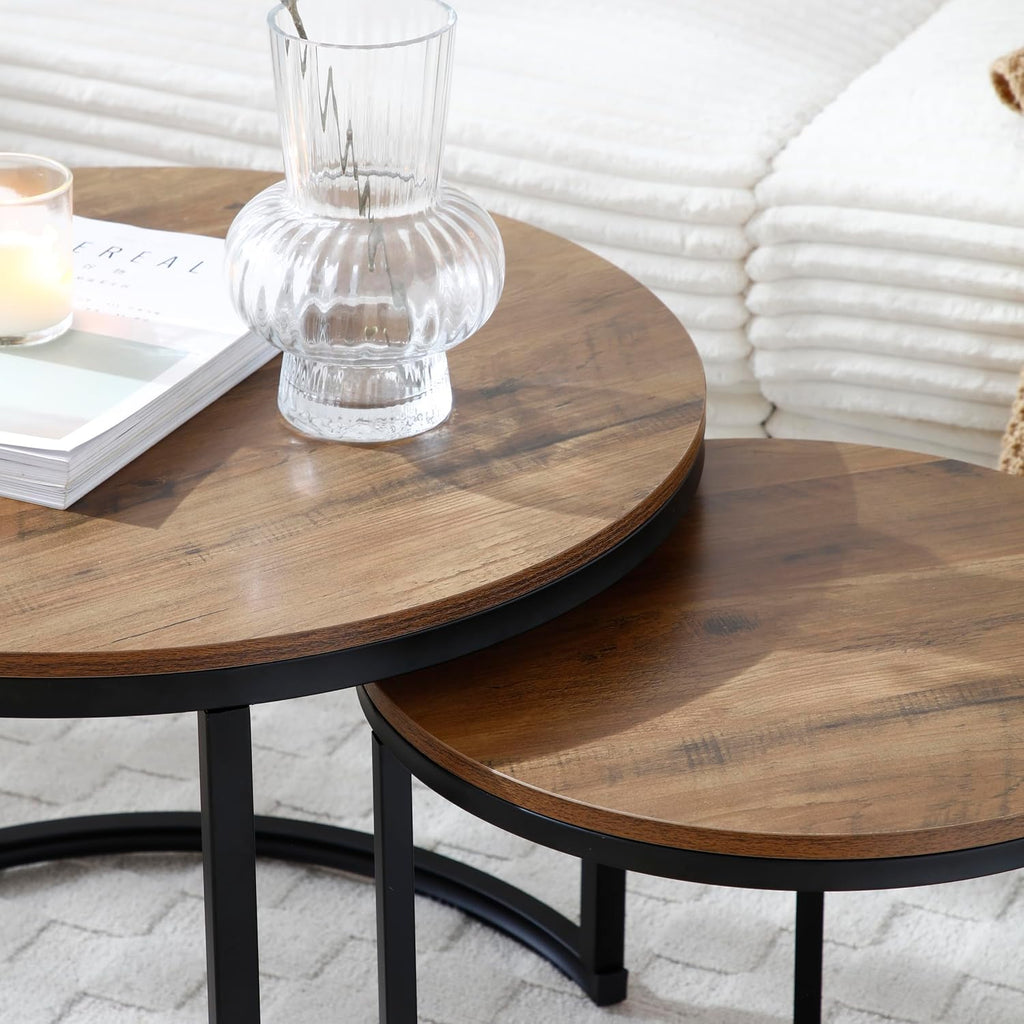 Nesting Coffee Table Set of 2, Steel Frame Circular Round Table Set, Modern Round Side Table with Non-Slip feet, Faux Marble End Tables for Living Room, Bedroom, Balcony (Walnut)