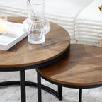 Nesting Coffee Table Set of 2, Steel Frame Circular Round Table Set, Modern Round Side Table with Non-Slip feet, Faux Marble End Tables for Living Room, Bedroom, Balcony (Walnut)