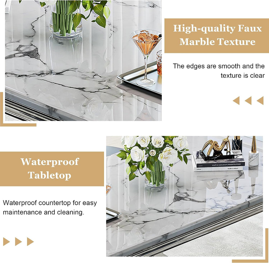 7 Piece Kitchen & Dining Room Set, Luxurious 70" White Large Marble Dining Table with Beige Velvet Cushion Chairs for Living Room, Kitchen (1 Silver-Base Table, 6 Chairs)