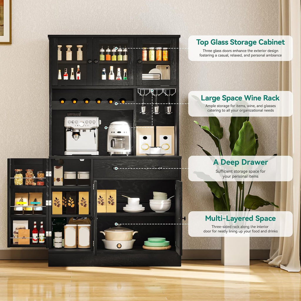 YITAHOME 71''H Kitchen Pantry Cabinet, Black Oak | Tall Cabinet with Drawer, Doors & Goblet Holder, Wine Rack, Power Outlet, For Kitchen & Living Room