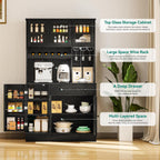 YITAHOME 71''H Kitchen Pantry Cabinet, Black Oak | Tall Cabinet with Drawer, Doors & Goblet Holder, Wine Rack, Power Outlet, For Kitchen & Living Room