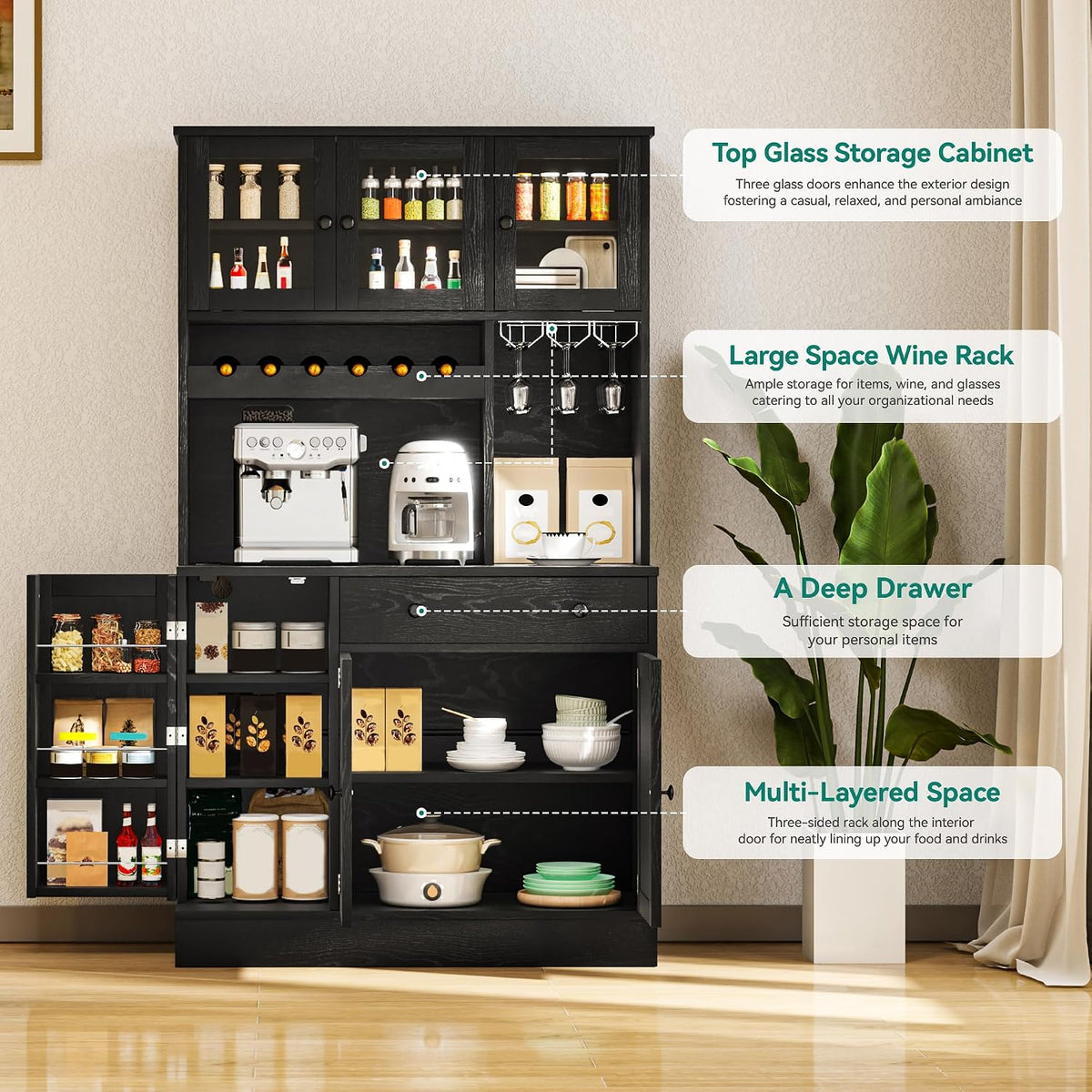 YITAHOME 71''H Kitchen Pantry Cabinet, Black Oak | Tall Cabinet with Drawer, Doors & Goblet Holder, Wine Rack, Power Outlet, For Kitchen & Living Room