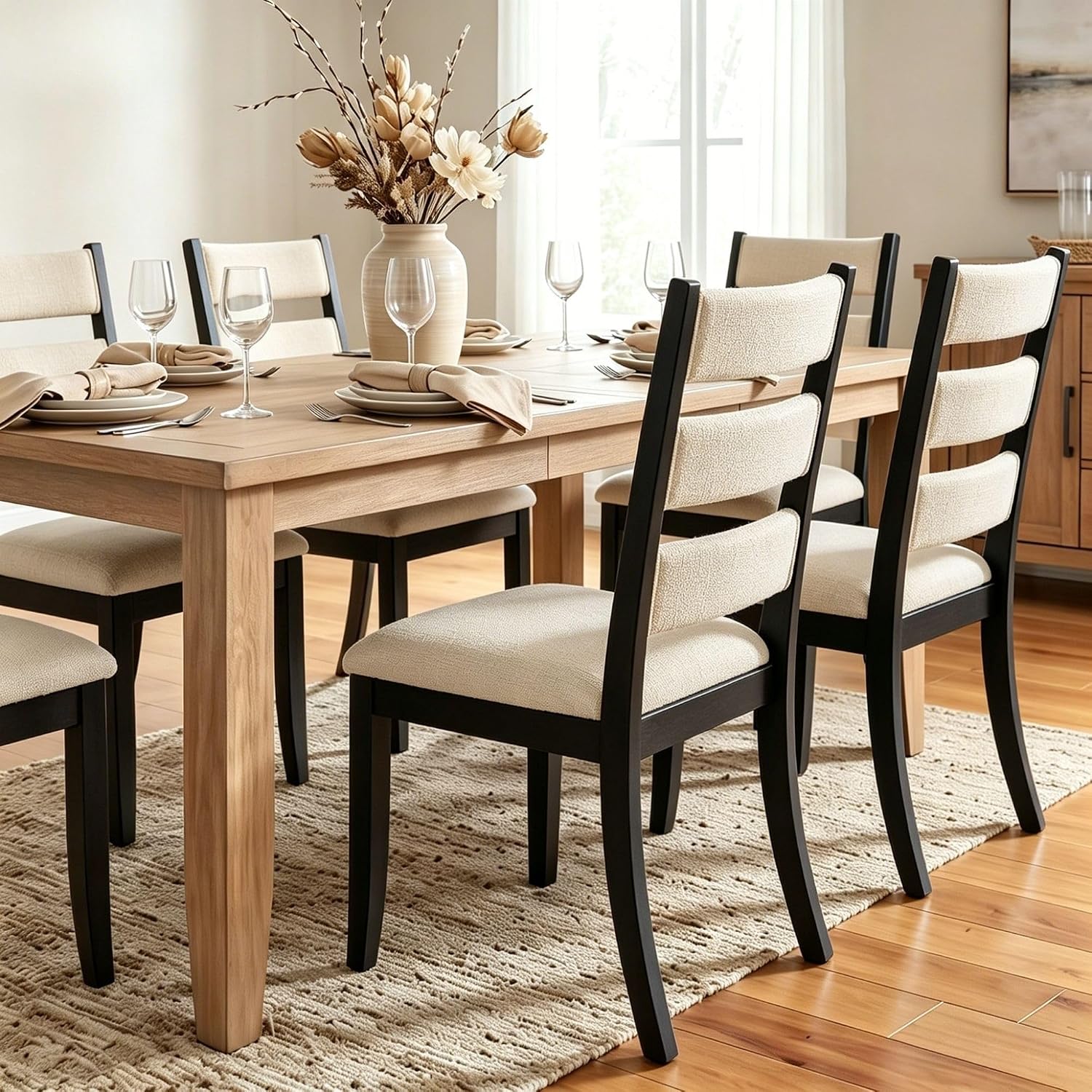 Dining Chairs Set of 2 Farmhouse Kitchen Chairs with Upholstered Cushion Back and Seat Ladder Back Side Chairs for Dining Room Living Room Restaurant(Black Frame, Chenille Beige)