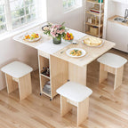 AWQM Folding Dining Table Set, Storage Folding Table & Chair, Beige White | Dining Table Set for 4, Storage Folding Table & with 4 Leather Chair, Space Saving,For Kitchen & Apartment, MDF & Metal Frame