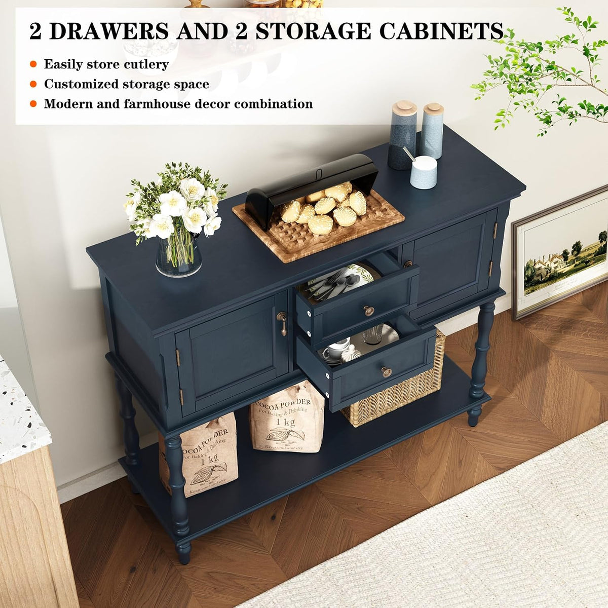 ARTPOWER Console Table with 2 Drawers, Retro Entryway Table with 2 Door | Solid Wood Veneer Entry Table, Behind Couch Sofa Table with Open Storage Shelf for Living Room, Foyer, Hallway