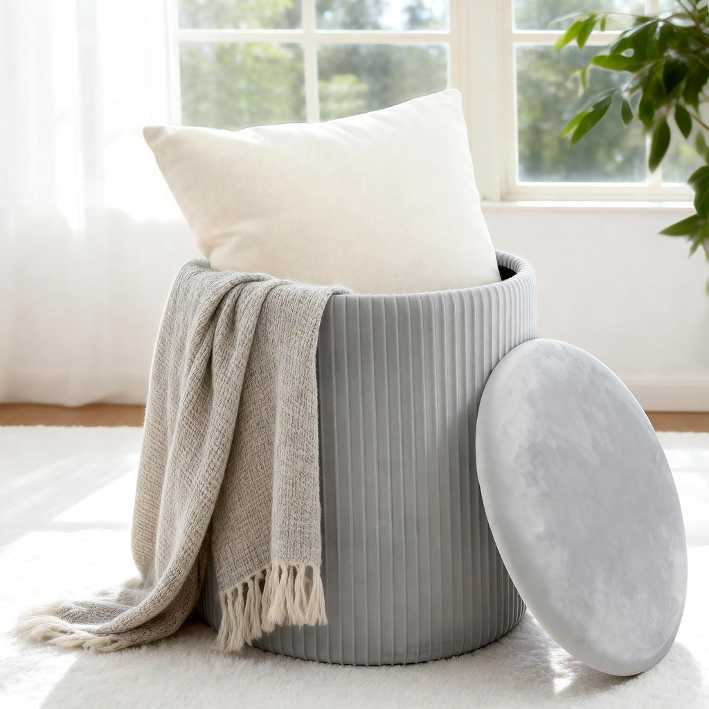 LITZFUR Round Ottoman with Storage, Velvet Foot Rest Stool, Grey | Versatile Upholstered Vanity Stool, Padded Folding Storage Ottoman for Living Room, Bedroom and Dorm