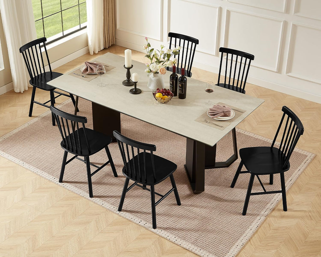 PrimeZone Windsor Dining Chairs Set of 6 - Solid Rubber Wood Farmhouse Kitchen Chair with Spindle Back, Mid-Century Modern Side Dining Chair for Dining Room, Kitchen & Restaurant, Black