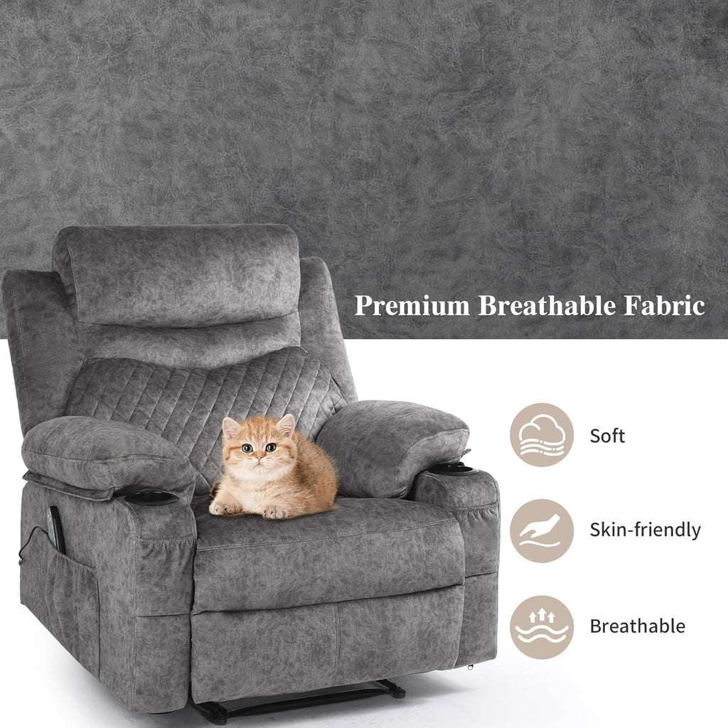 Overstuffed Massage Recliner Chair with Heat, Wide Seat Reclining Chair for Home Theater, Heated Massaging Manual Recliner Chairs with Cup Holders, Grey