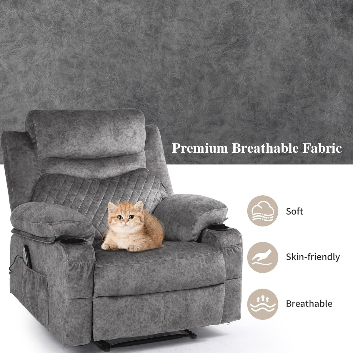 Overstuffed Massage Recliner Chair with Heat, Wide Seat Reclining Chair for Home Theater, Heated Massaging Manual Recliner Chairs with Cup Holders, Grey