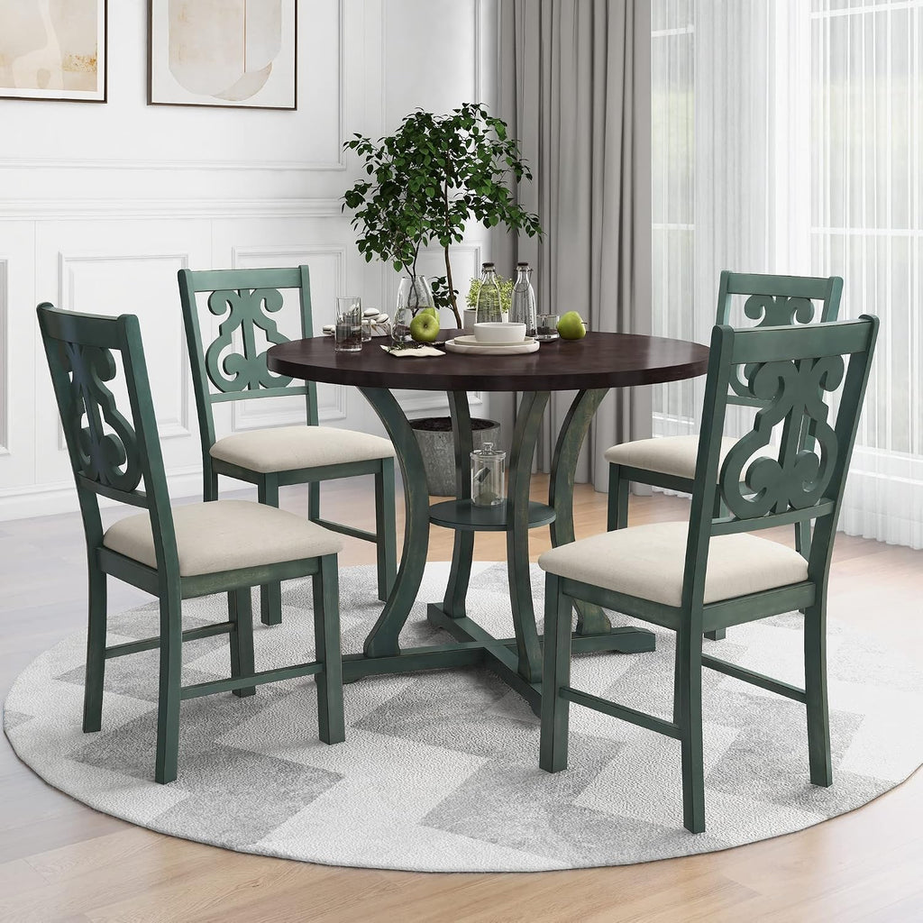 Merax 5 Piece Round Dining Table Set 4 Retro Chairs with Special-Shaped Table Legs, Designed Hollow Chair Back for Dining Room, Antique Blue