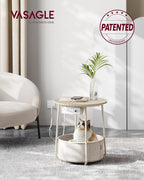 VASAGLE LILEA Collection - Side Table with Charging Station, Round End Table with Fabric Basket, Nightstand with USB Ports, for Living Room, Bedroom, Modern, Cream White ULET228N01