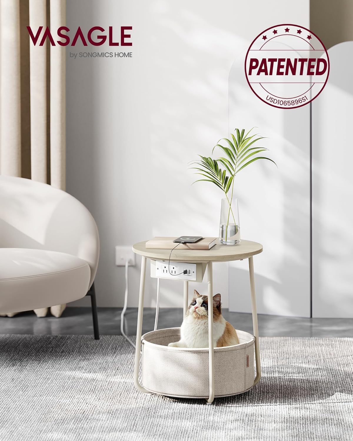 VASAGLE LILEA Collection - Side Table with Charging Station, Round End Table with Fabric Basket, Nightstand with USB Ports, for Living Room, Bedroom, Modern, Cream White ULET228N01
