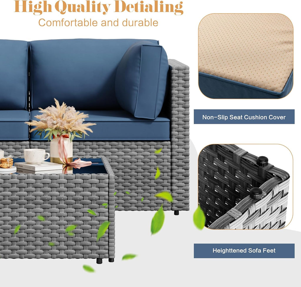 Vongrasig 5 Pieces Outdoor Sectional Furniture, All-Weather Rattan Patio Furniture Set, Wicker Patio Sectional Couch with Cushion, Glass Table, Navy Blue